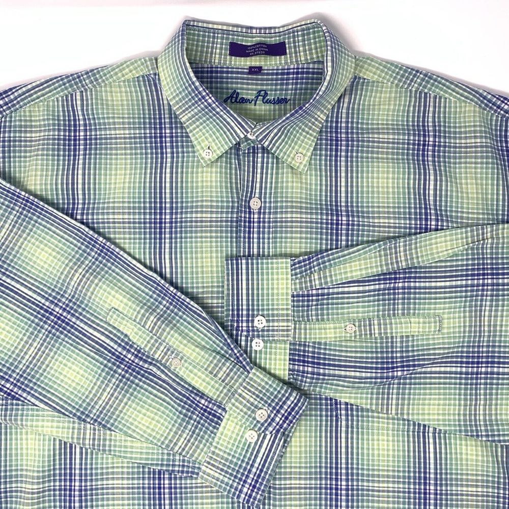 Alan Flusser Blue Yellow Green Cotton Plaid Men's Long Sleeve Shirt Size XXL - Picture 3 of 7